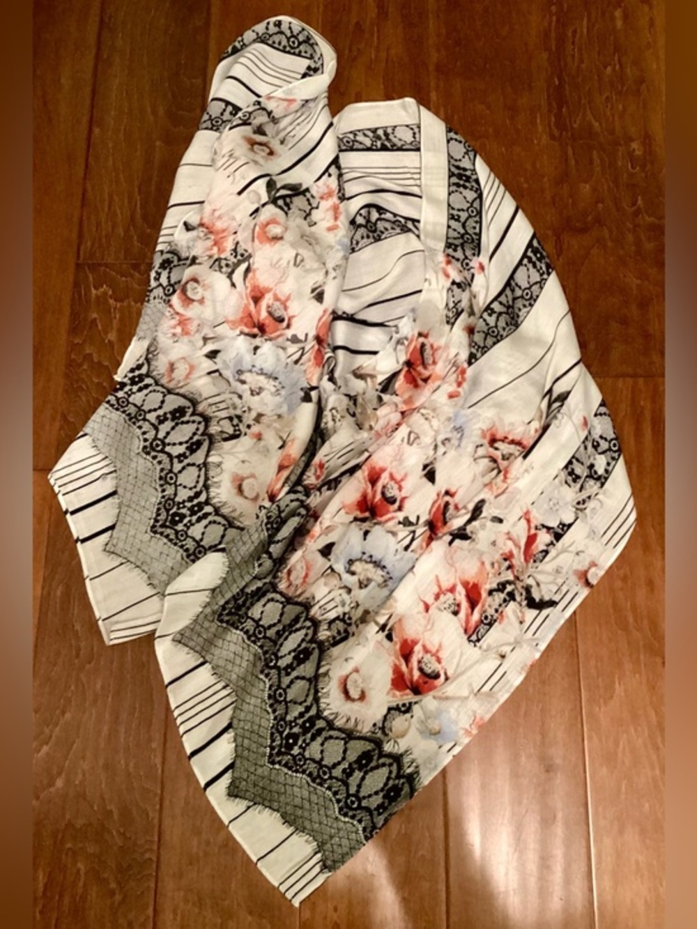 Vintage Boho Floral Faux Lace Print Scarf Wrap 68” x 20” Shabby Chic Cottagecore